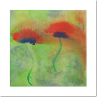 Gouache painting of red poppies on a green meadow Posters and Art